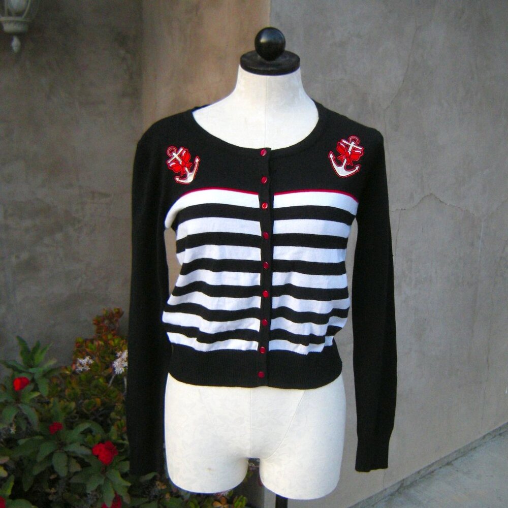 Banned Dancing Days Retro Striped Cardigan with Anchors and Bows - LARGE
